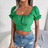 Ins Style Casual Short Sleeve Lace Up Waist Chiffon Shirt Crop Top Women's Clothing