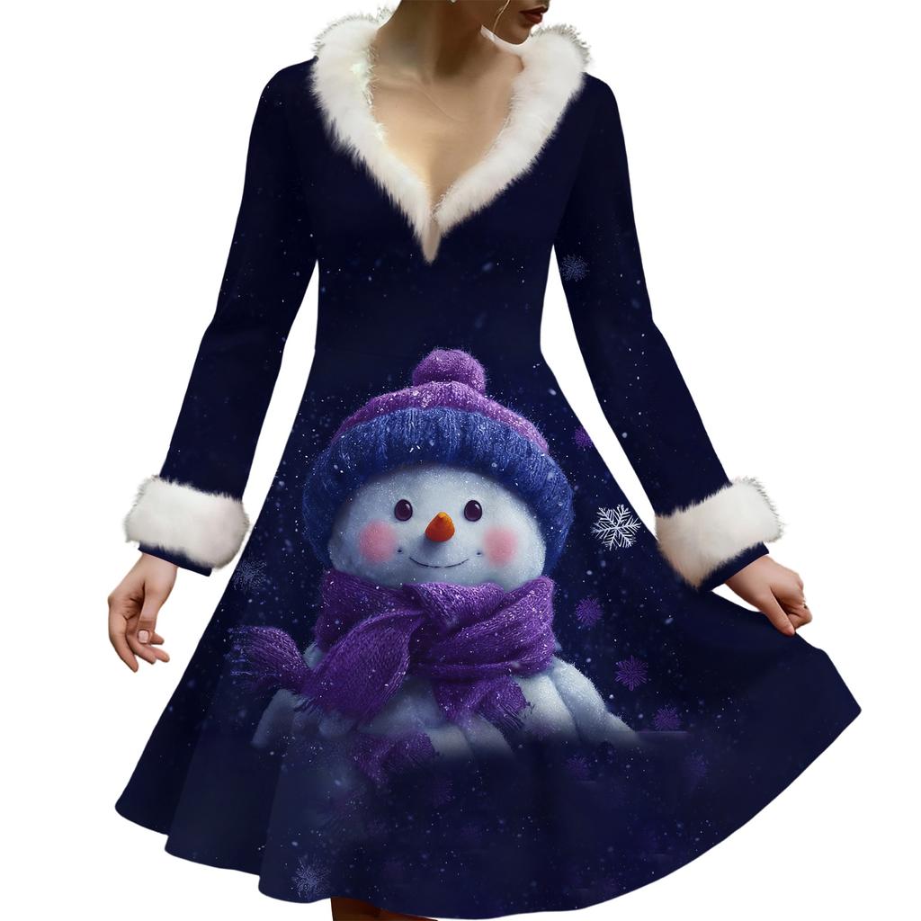 Damska codzienna sukienka z dekoltem w serek, z pluszowym nadrukiem świątecznym i długim rękawem