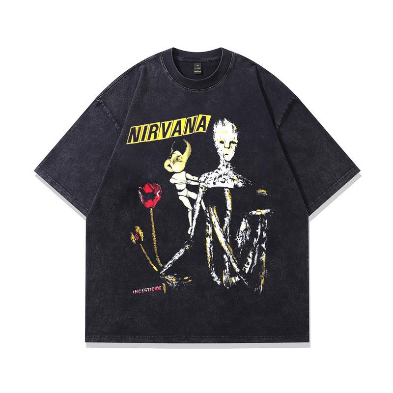 European And American Retro Rock Band Wind Vintage Printing Oversize Heavy Cotton Short-Sleeved T-Shirt Men And Women