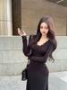 Pure Desire Lace Patchwork Long Sleeve Dress: 2026 Spring/Autumn Trendy Slim Fit Skirt Style