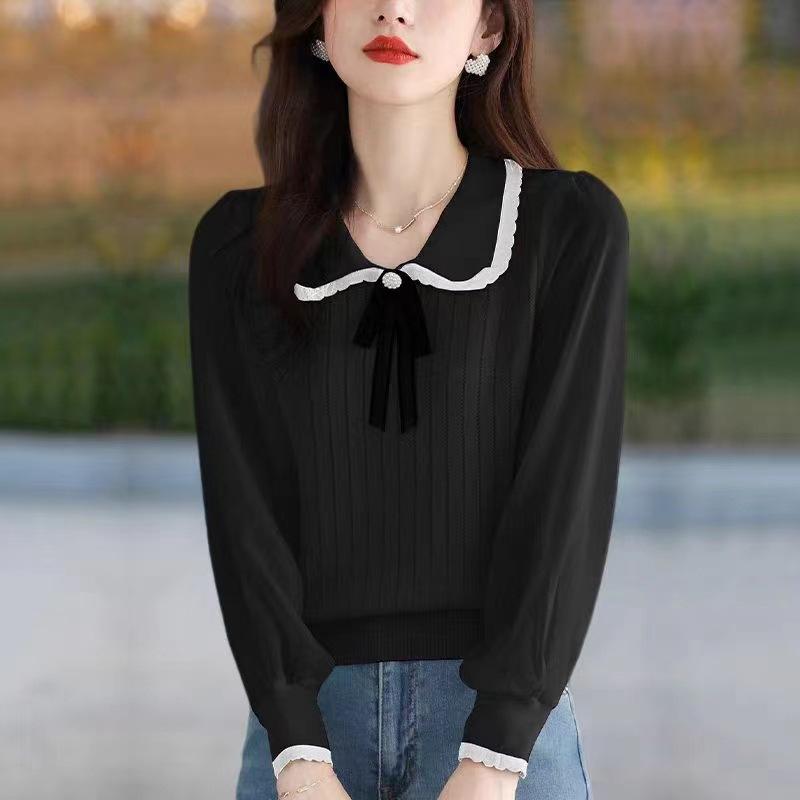 Knitted T-shirt with Lace Spring and Autumn New Style Doll Neck Knitted Sweater for Women
