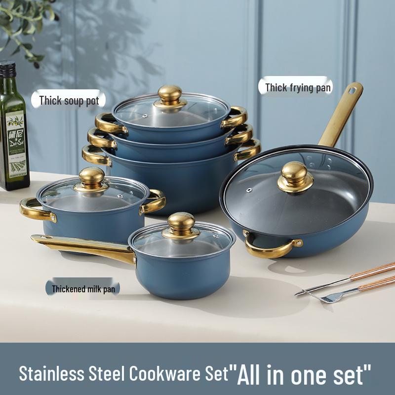 12dílná nepřilnavá sada nerezového nádobí se zlatě pokovenými rukojeťmi