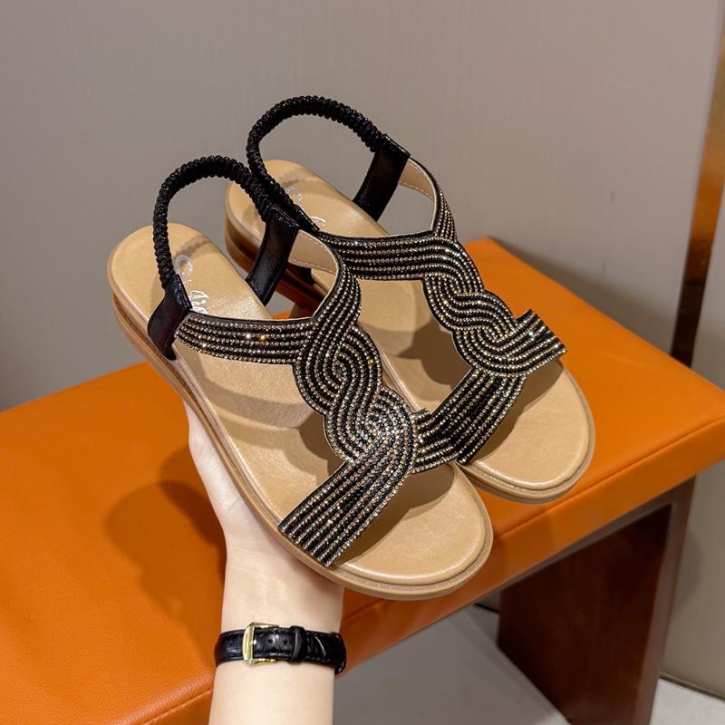 Fashion Soft Sole Anti-Slide Heel Sandals Women's Fashion Round Toe Open Toe Rhinestone Slip Flats