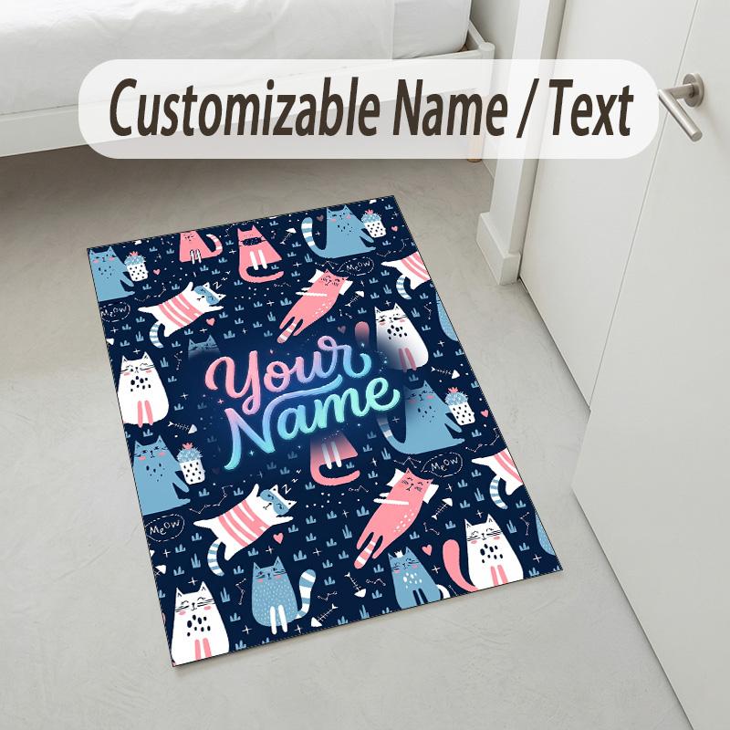 Cat Theme Crystal Velvet Rug Personalized Custom Name Text Soft Floor Mat Home Decor