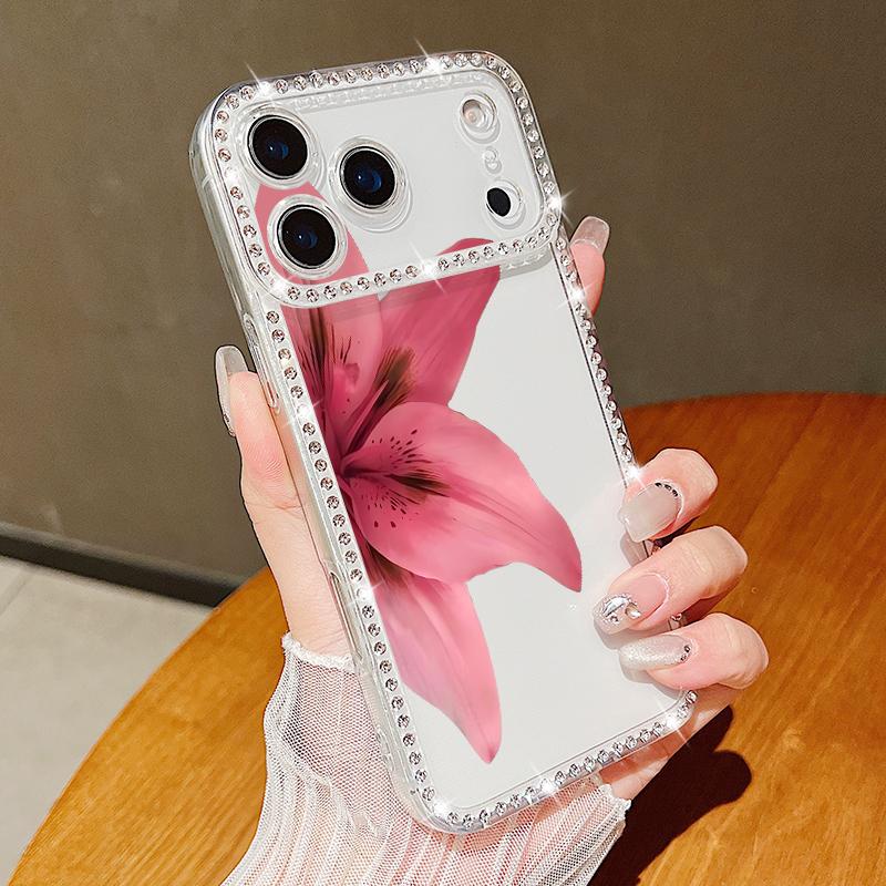 Pink Flowers Bling Diamond Case For iPhone 17 Air 16e 16 14 15 13 12 Pro Max 15 16 Plus 11 Glitter Soft TPU Silicone Phone Cover