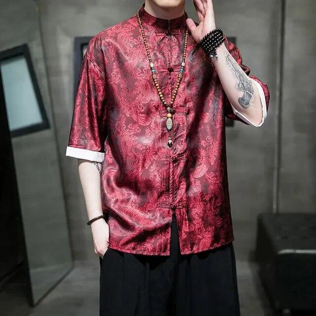 Summer Chinese Style Mens Tang Suit Fashion Solid Traditional Short Sleeve China StyleDragon Pattern Printing Shirt