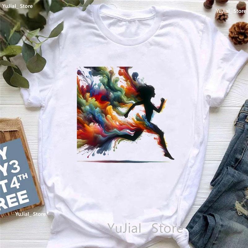 Colorful Running Girl Printed T Shirt Unisex Clothes 2024 Summer Fashion Tops Tee Shirt Femme Love Sports Tshirt Female