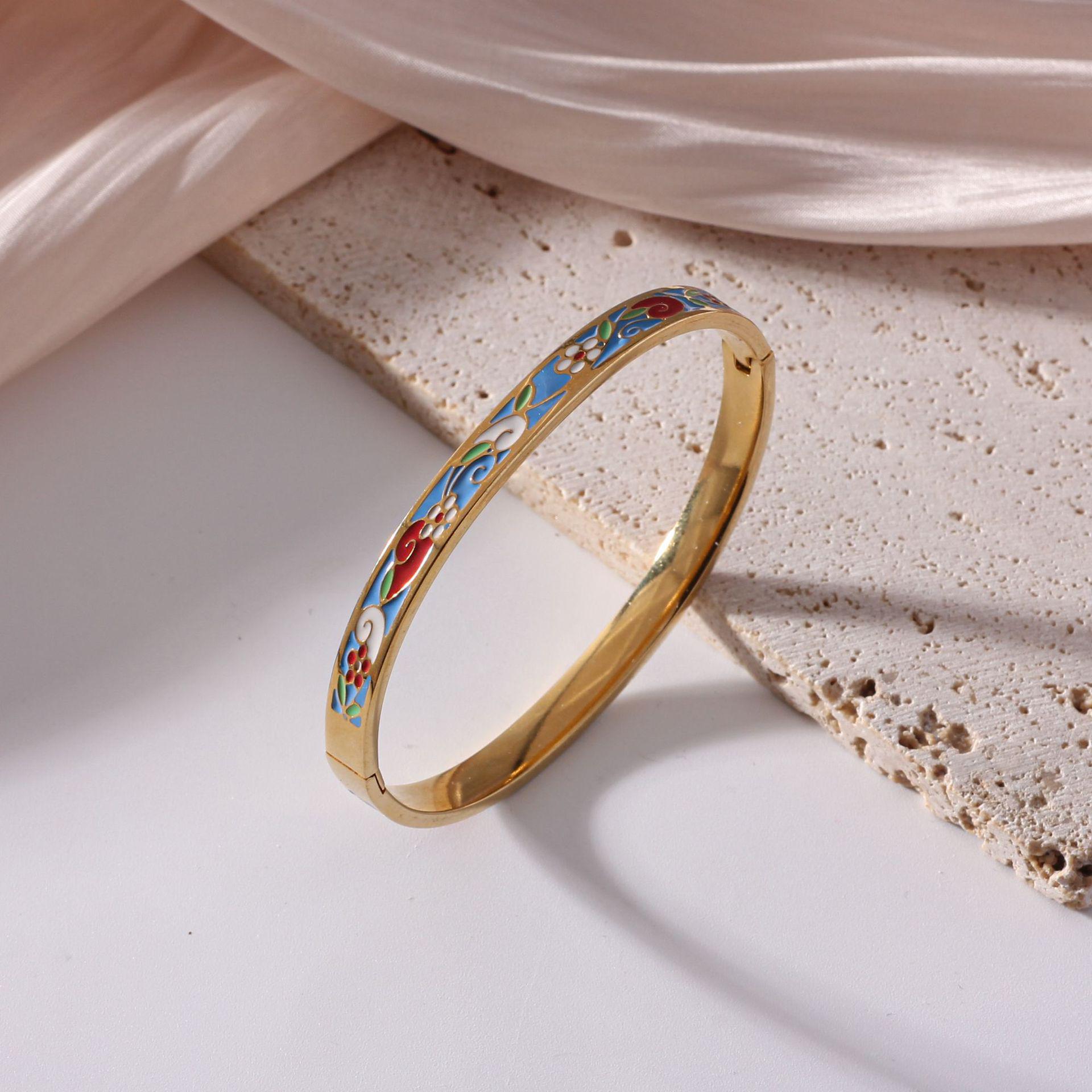 18K Electroplated Women s Retro 6mm Drip Oil Enamel Titanium Steel Bracelet