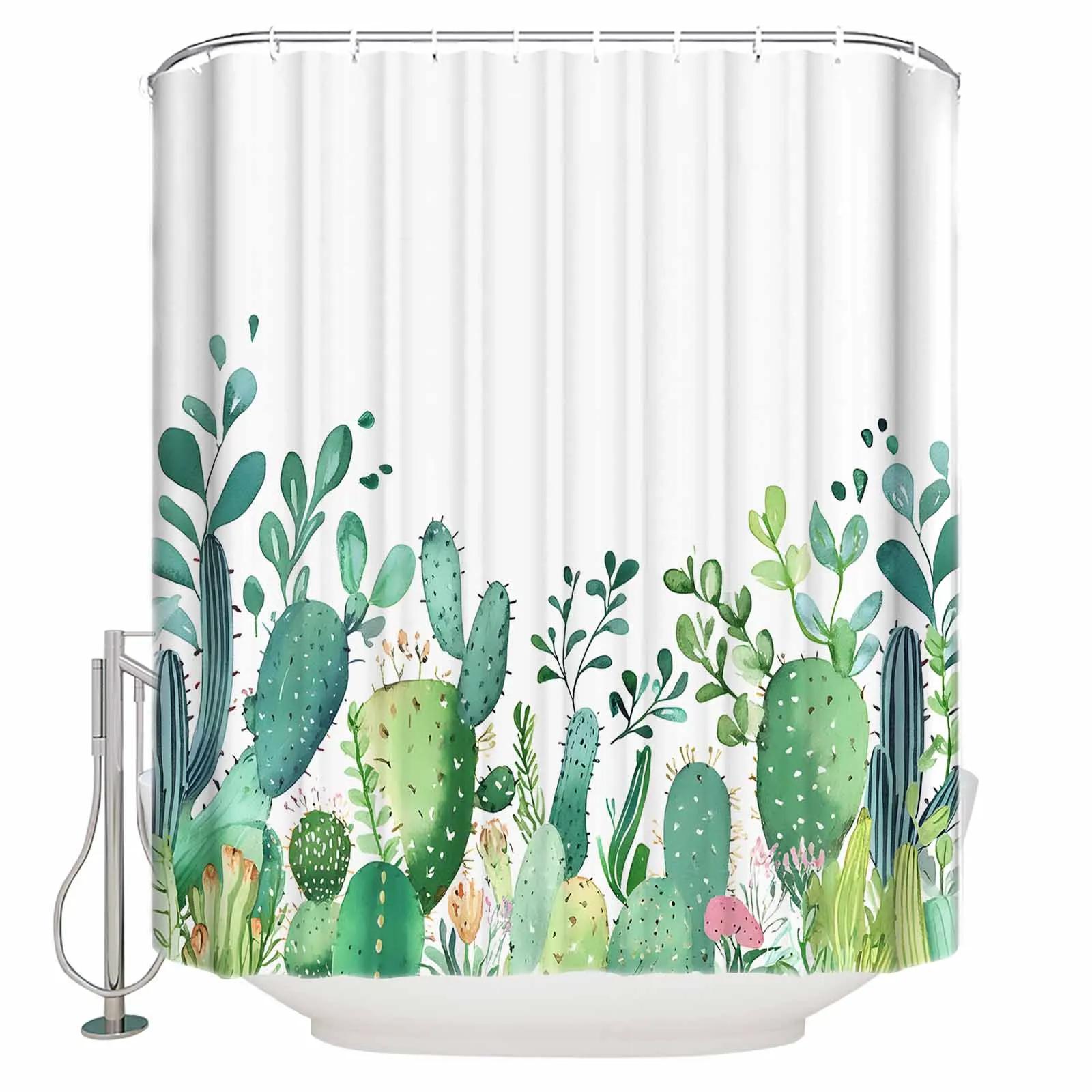 Tonnika Chen Green Watercolor Cactus Shower Curtains Waterproof Bath Curtains Home Decor Modern Luxury Bathroom Curtain