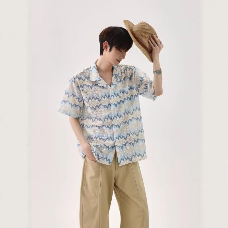 Men Floral Print Turn Down Collar Short Sleeve Loose Casual Summer Vacation Shirt M