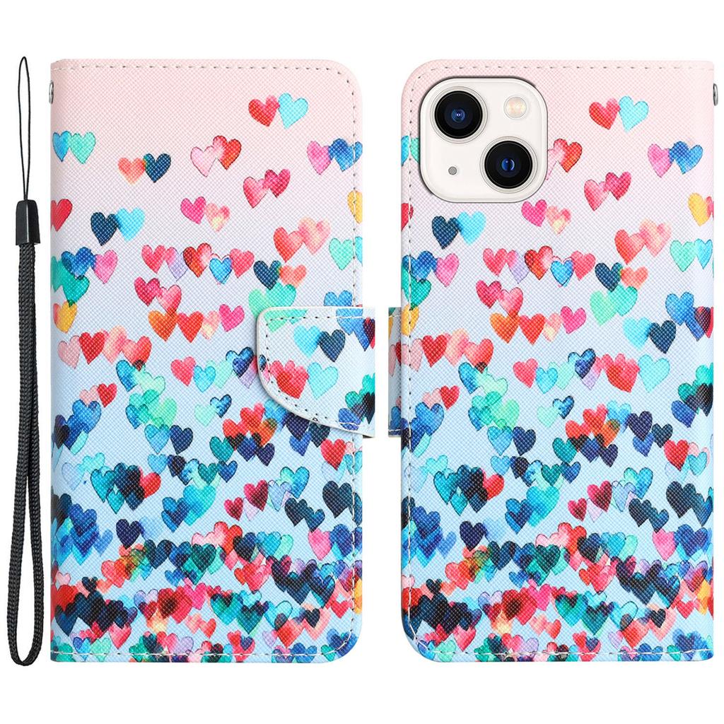 For iPhone 15 Pattern Printing Flip Wallet Case PU Leather Stand Phone Cover with Strap