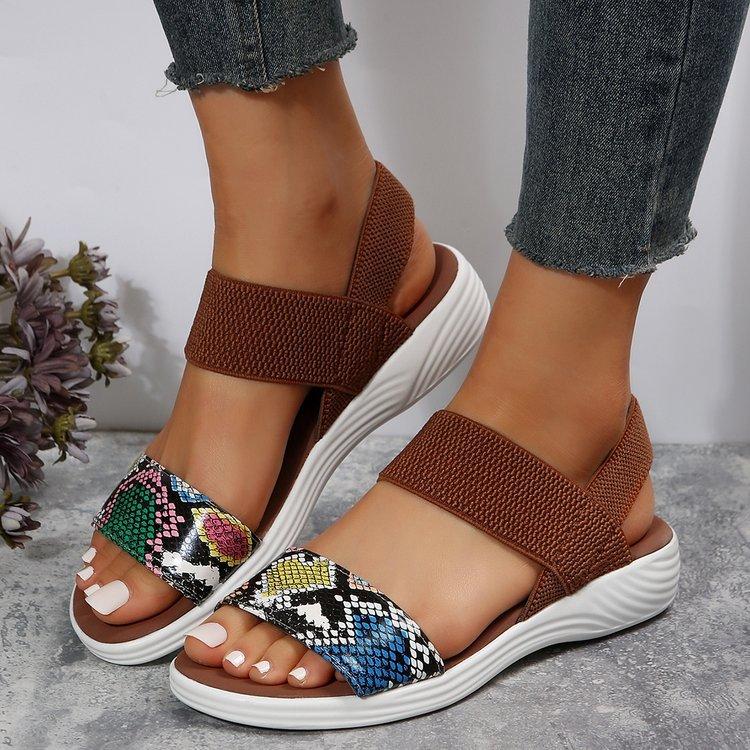 Large size sandals women's 2025 summer flat bottom slope heel thick bottom fish mouth elastic word with Roman sandals