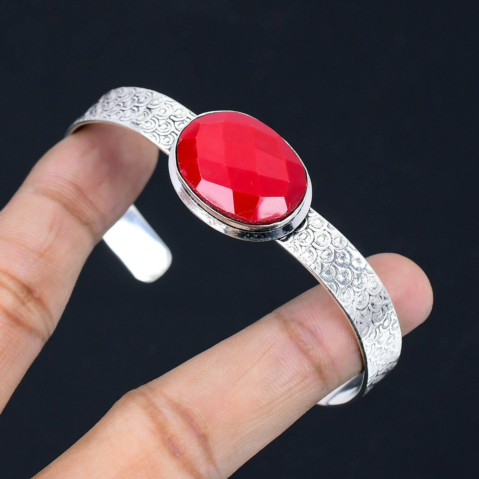 

925 Silver Oval Italian Coral Gemstone Sister Anniversary Wedding Bangle Jewelry Adjustable