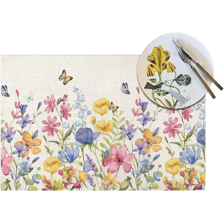 Spring Floral Placemats 12x18 Inches Set of 4 Colorful Flower Butterfly Decorative Rectangle Table Mats Summer Colorful Linen Place mats for Party