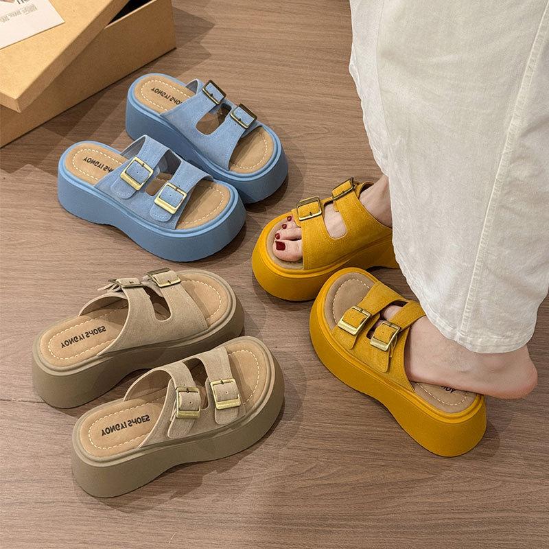 2025 New Beautiful One-word Boken Sandals Small Boken Slippers Muffin Platform Sandals