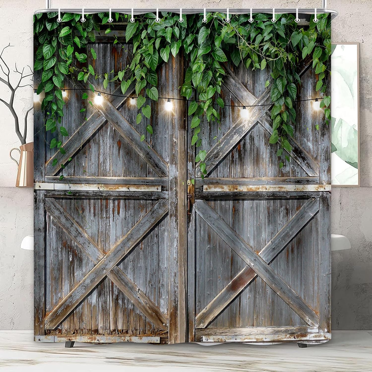 

Rustic Wooden Barn Door With Vines And Lights Pattern Waterproof Shower Curtain 180X200Cm Farmhouse Style Bath Home Decor W60H190(CM)-1 Pcs