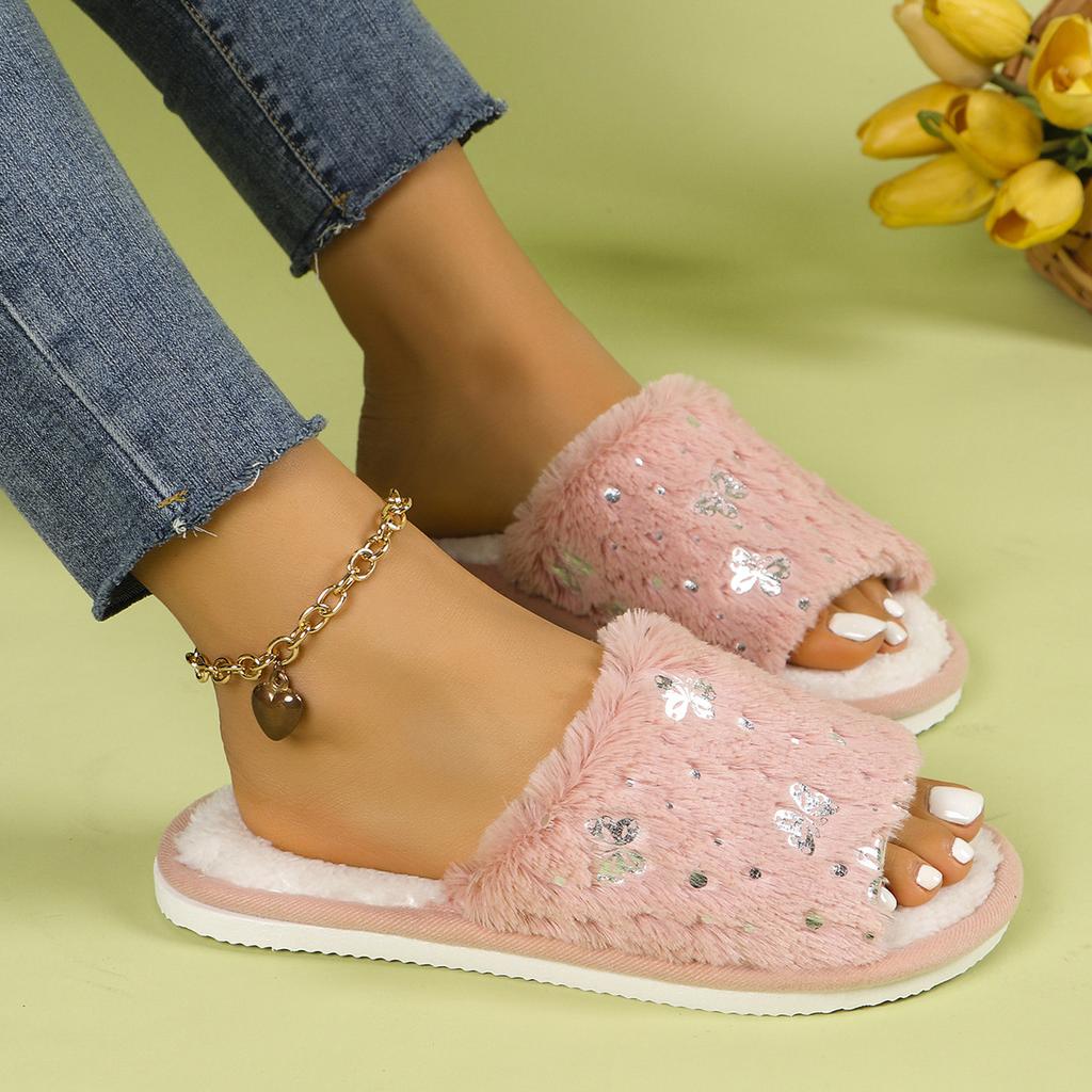 Casual Open Toe Plush Shoes, Plush Cotton Slippers Butterfly Decoration Comfortable Indoor Home Slippers