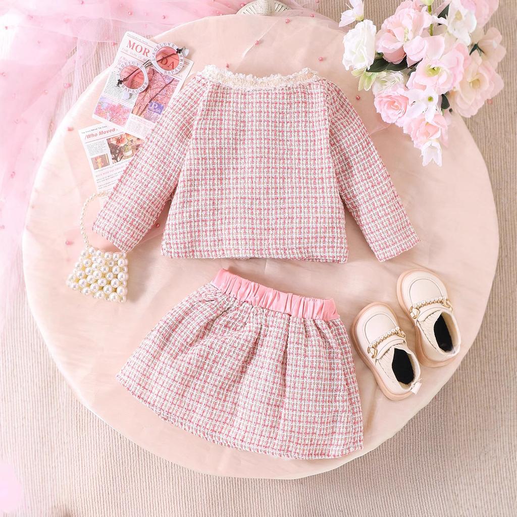Girls Fashion Set Spring and Autumn Children's Casual Knitted Long Sleeve Breasted Coat Bow Skirt Two-piece Set