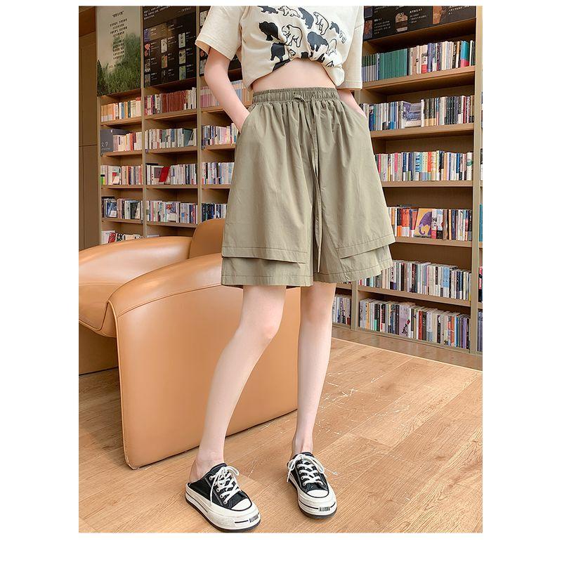Sweet Student Summer New Plus size Retro Elastic High Waist Lace-up Casual Loose Wide Leg Cargo Cropped Pants Skirt