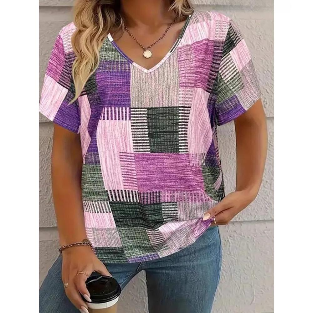 Summer Women Grid Stripe V Neck Casual Fashion Tops Comfortable Loose Short Sleeve Female T-shirt