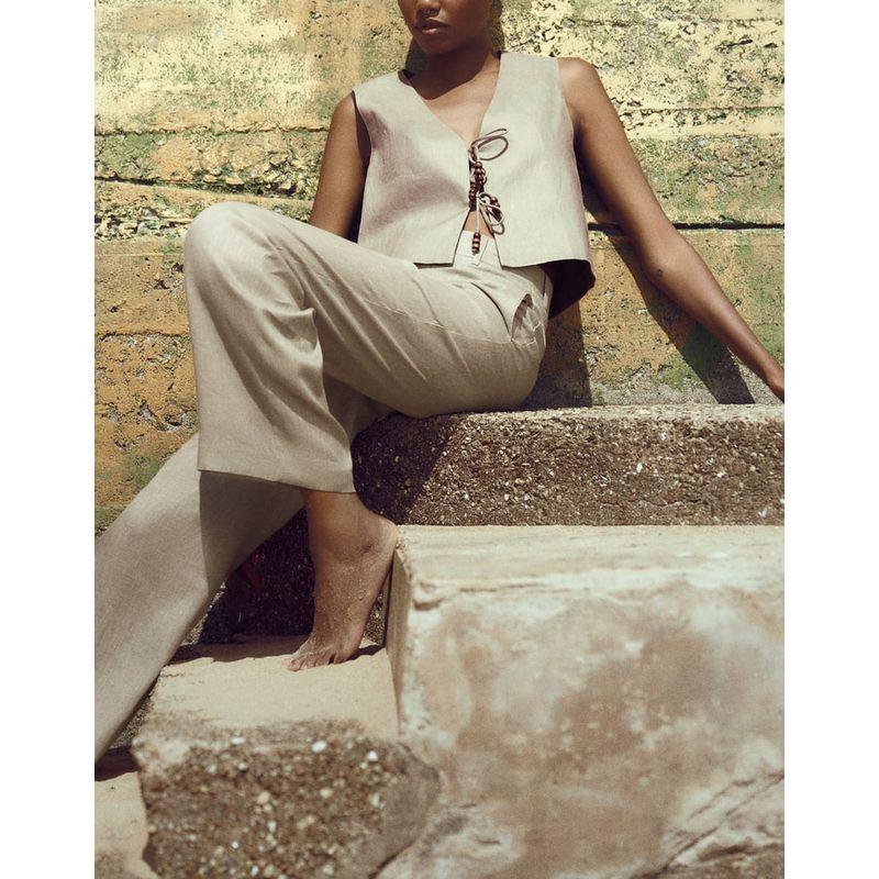 Spring New Arrival Casual Two-Piece Suit Beaded Linen Vest 7901322 Linen Wide Leg Pants 7901222
