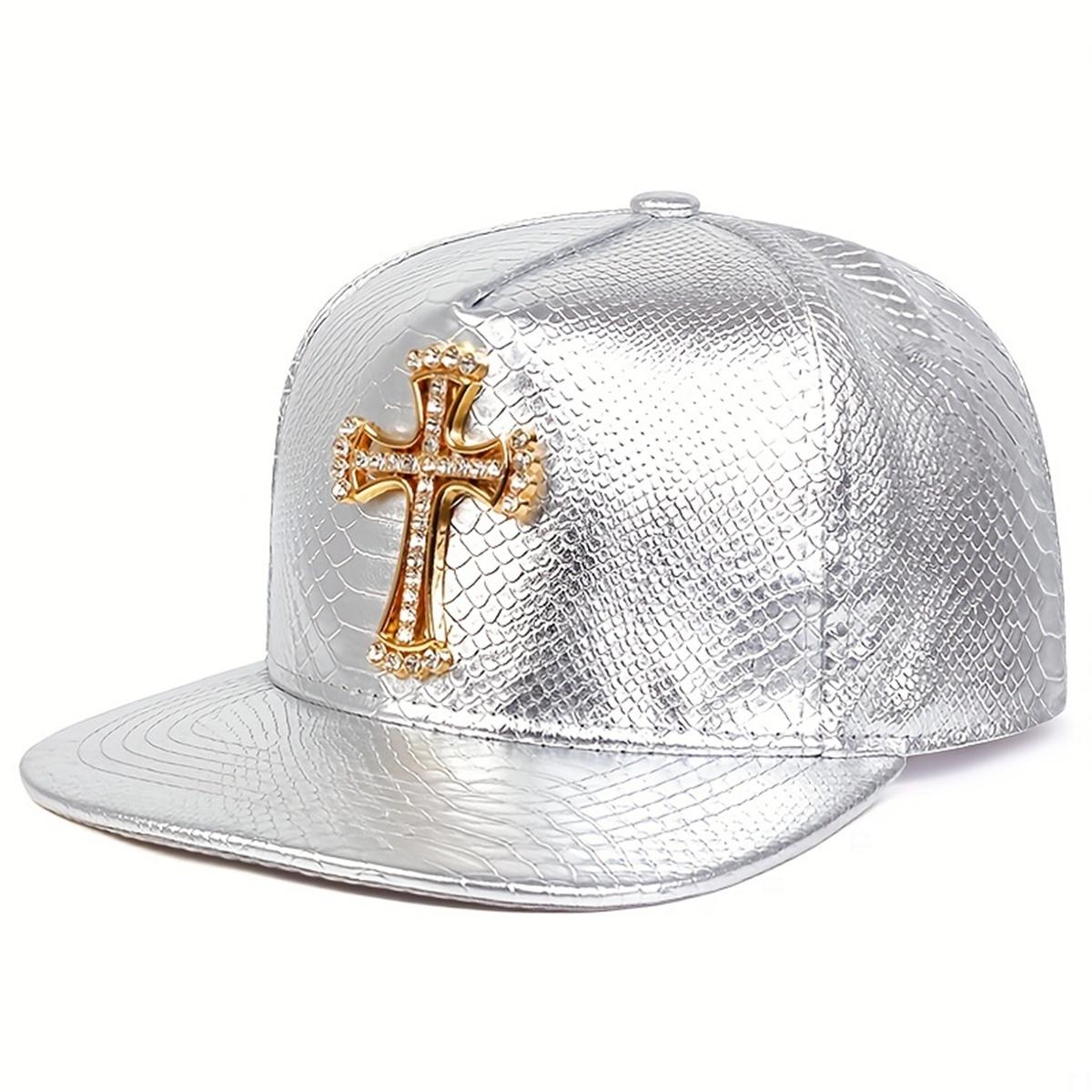 

Unisex Cross Label Python Patterned Leather Hip-hop Hat Spring Autumn Outdoor Adjustable Baseball Sunscreen Cap срібний
