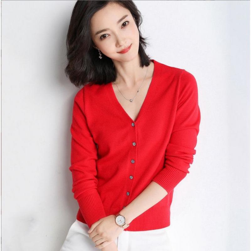Spring & Autumn Women's V-Neck Knit Cardigan - Long Sleeve Short Sweater Jacket