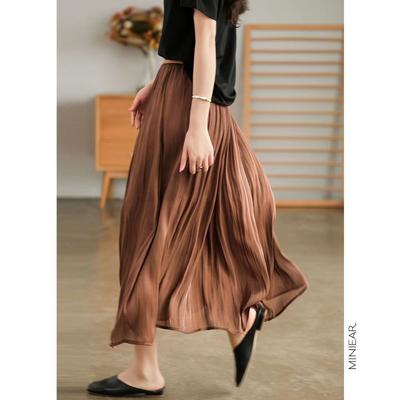 Mid-length Skirt with Watery Yarn and Wrinkled Pleated Skirt Covering The Strap To Make It Look Slim and Elastic Waist A-line Skirt