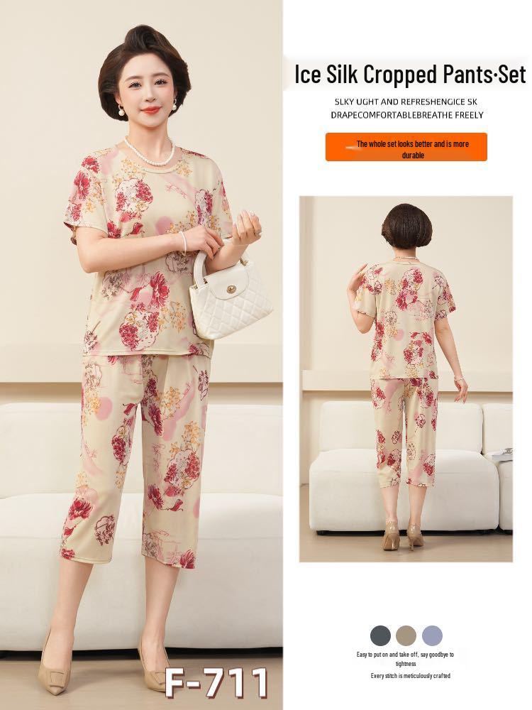 Women's Plus Size Ice Silk Pajama Set: Casual Short Sleeve Two-Piece for Middle-aged and Elderly Moms