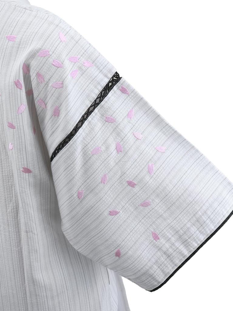 Unisex Jinbei Shijira Weave Cherry Blossom Embroidery Jinbei White White Size [Sara] S-LL Js-23 (L Size)