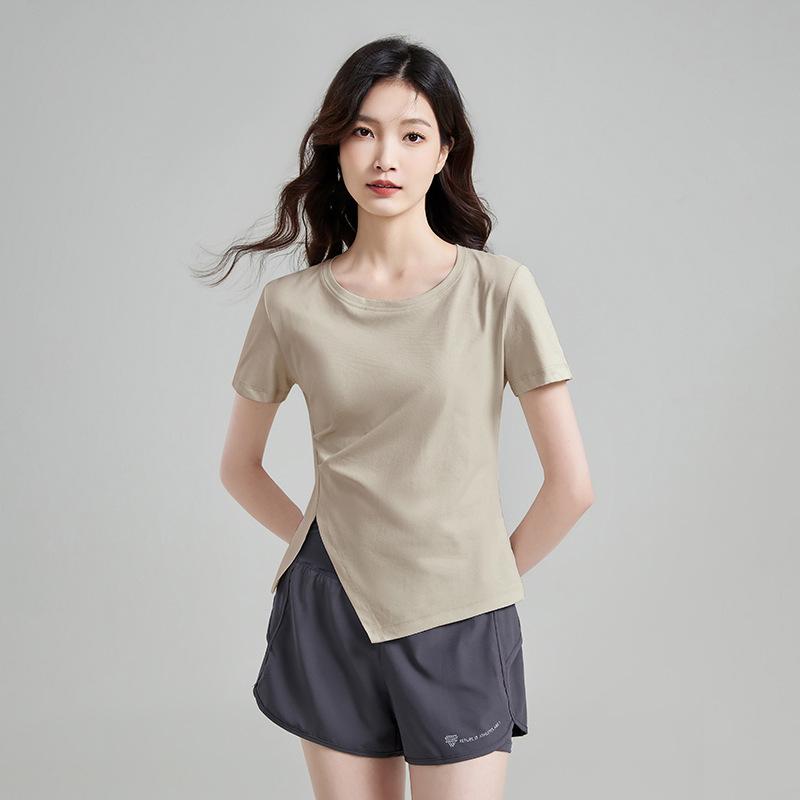 

Спортивная футболка женская летняя йога фитнес беговой костюм женский короткий рукав разрез сбоку дышащий круглый вырез свободный топ XXL