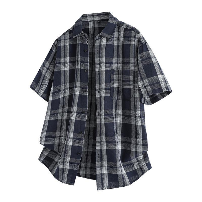 Lapel plaid shirt teenagers trendy casual cardigan short-sleeved shirt men's summer