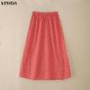 VONDA Women Elastic Waist Front Lace Hem Floral Print Casual A-Line Pleated Swing Skirts