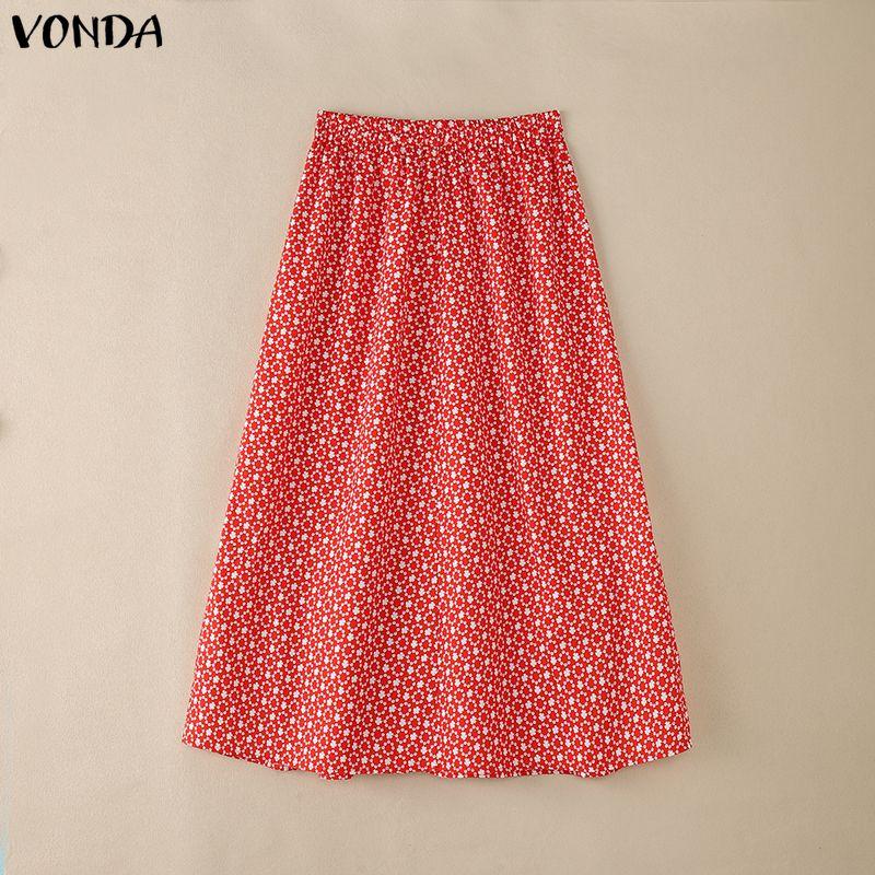 VONDA Women Elastic Waist Front Lace Hem Floral Print Casual A-Line Pleated Swing Skirts