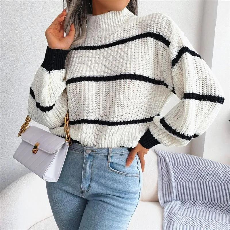 

Women s Casual Striped Long Sleeved Half Turtleneck Sweater XL білий