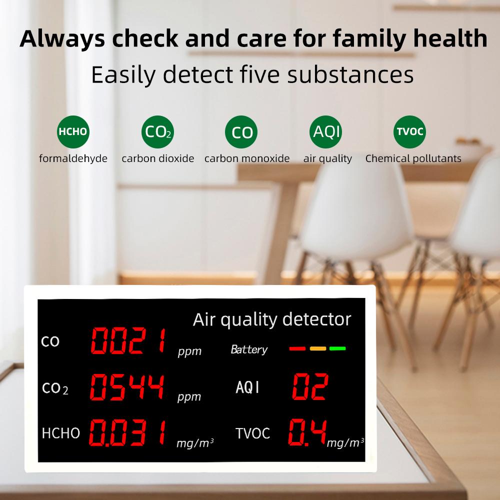 Multifunctional Air Quality Detector Gas Pollution Monitor ACO/CO2/HCHO/AQI/TVOC Tester Carbon Monoxide Meter for Household
