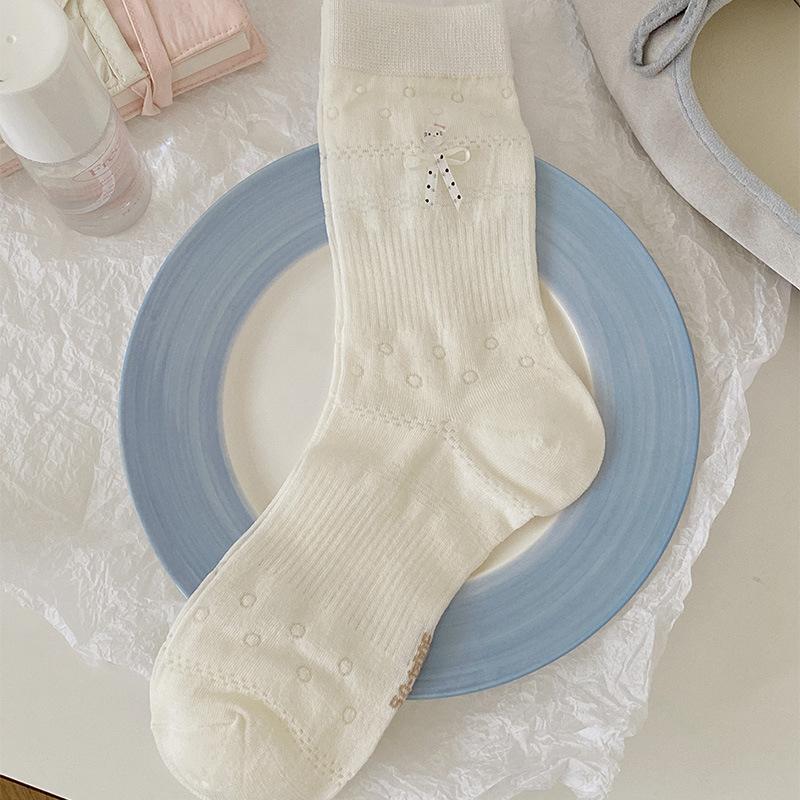 Grayish-white Socks, Women's Bow Mid-calf Socks, Summer Thin Mesh Hollowed-out Solid Color Versatile Pile Socks