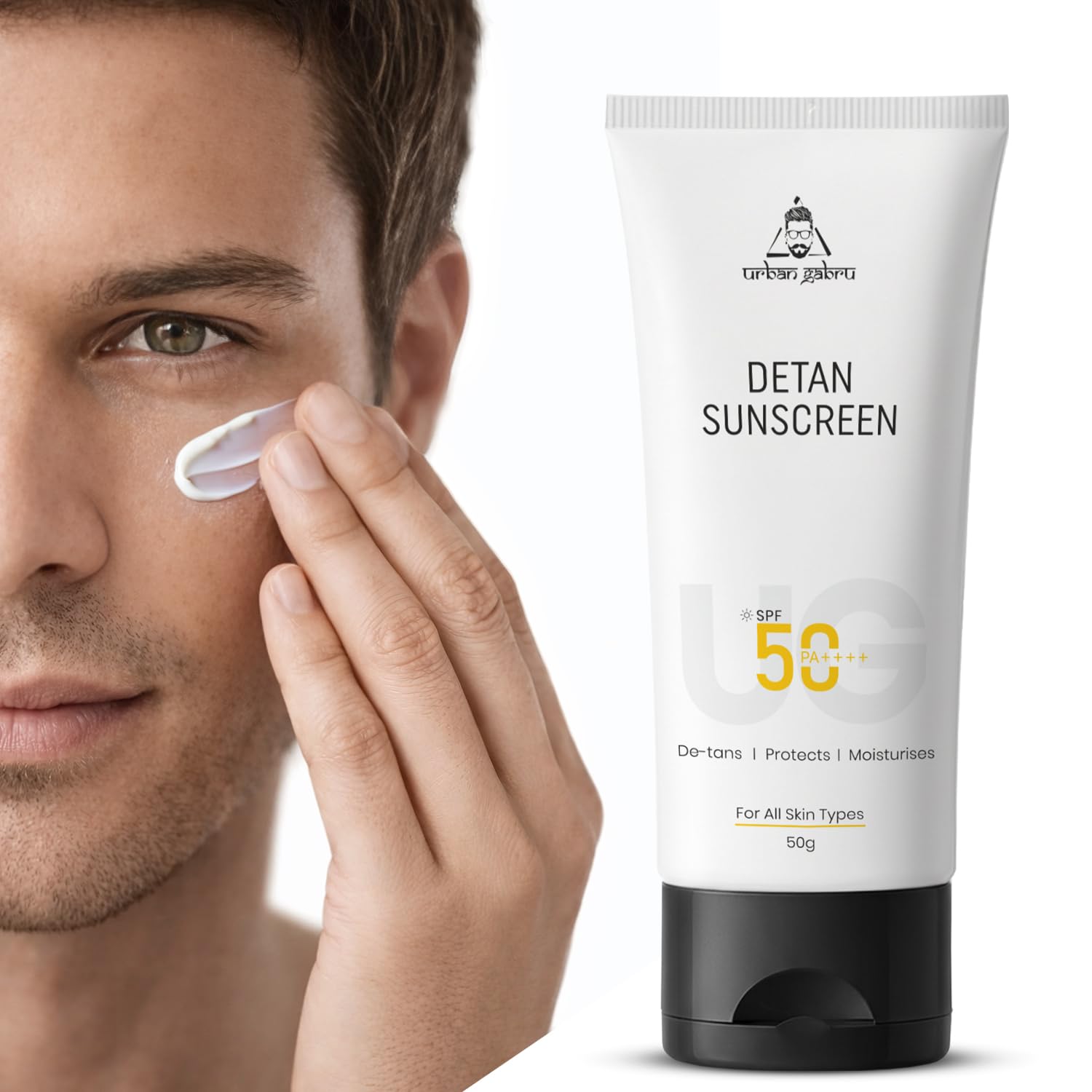 

Urbangabru Detan Sunscreen spf50 PA++++ for Men | For Oily, Dry & All Skin Types | No White Cast, Lightweight & Non-Sticky | De-Tan & Brightening