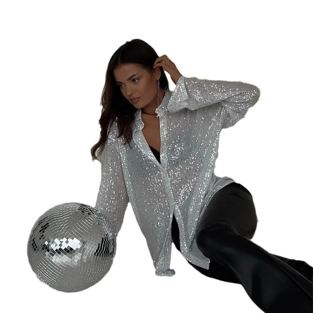 2025 Spring/Summer Sequin Lapel Cardigan: European & American Style Women's Long Sleeve Shirt/Jacket