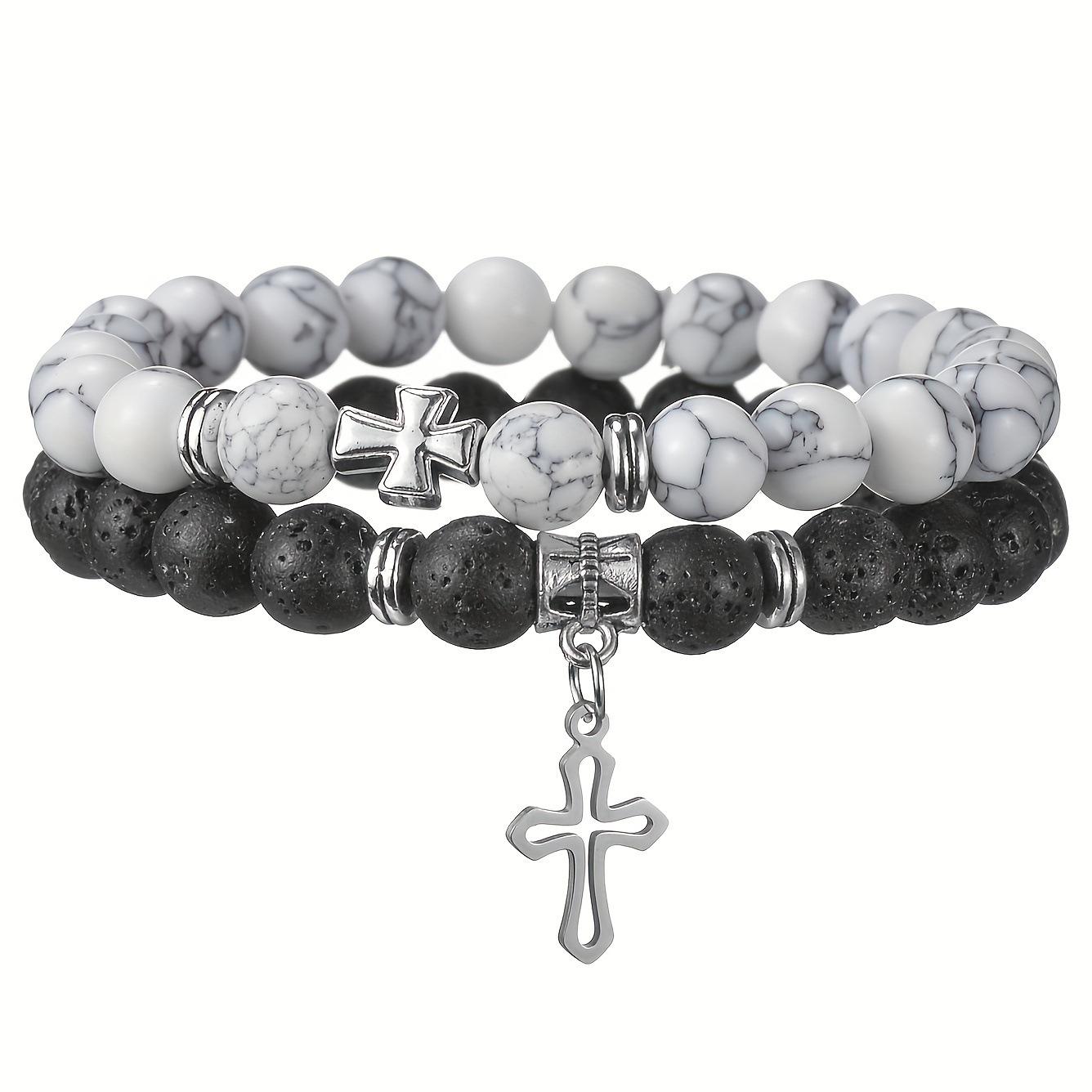 

2pcs Set Trendy Nature Stone Cross Beaded Bracelets For Men Vintage White Turquoise Volcanic Stone Men’s Beaded Bracelets Gifts чорний