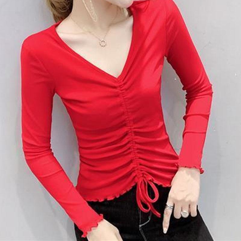 

Сексуальная модная сетчатая однотонная футболка для женщин Весна Осень Новая темпераментная V-образный вырез Сборки Облегающие топы Женская одежда S красный