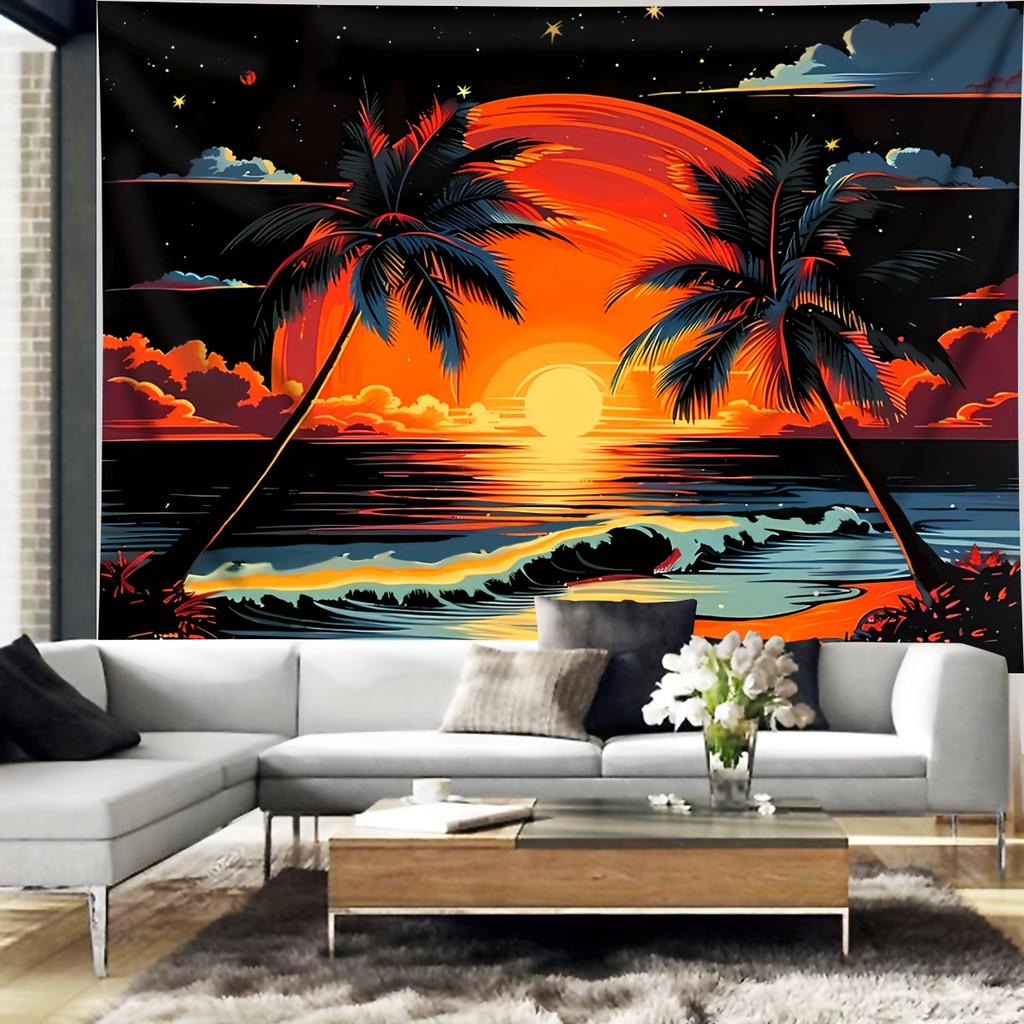 Vibrant Sunset Oasis Wall Tapestry For Modern Living Room Decor, Featuring A Stunning View Of A Fiery Orange Sun Setting