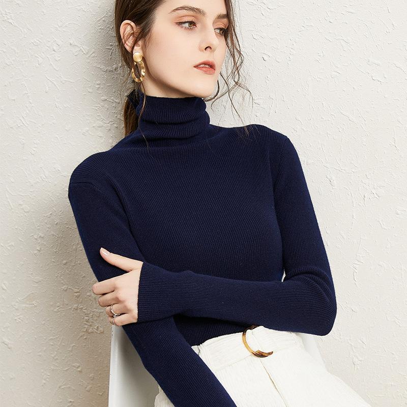

Женский пуловер с высоким воротником и круглым вырезом, облегающий, базовый трикотаж на осень и зиму S темно-синий