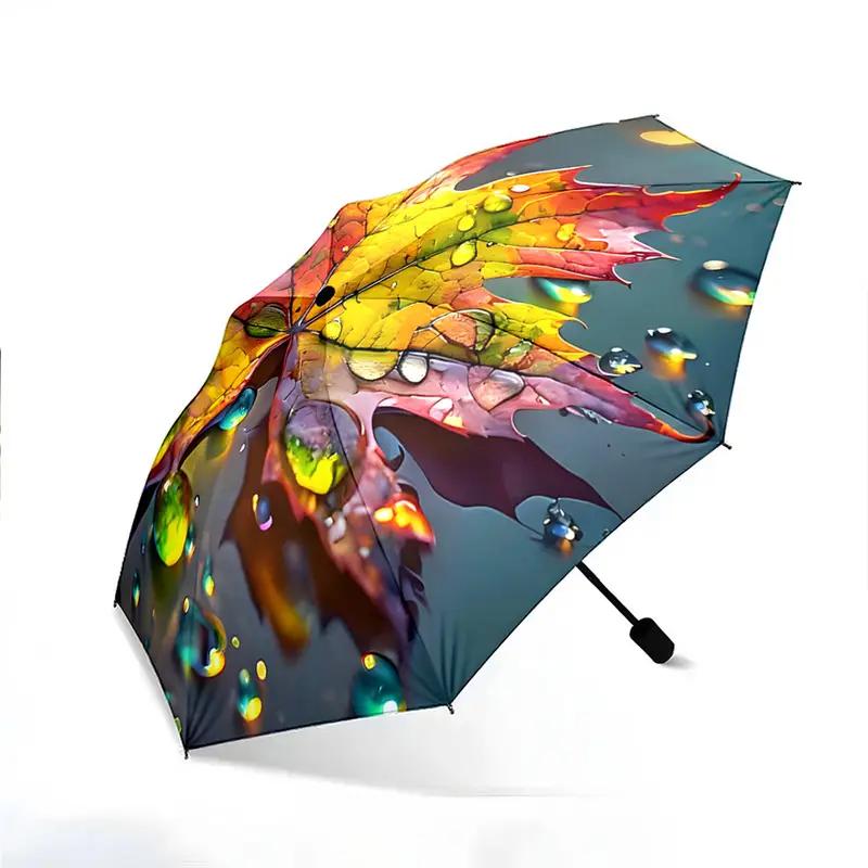Ombrello Pieghevole Automatico con Design a Foglie d'Acero Colorate, Portatile e Pieghevole, 8 Stecche Robuste, Vivace Motivo a Foglie d'Autunno, fo