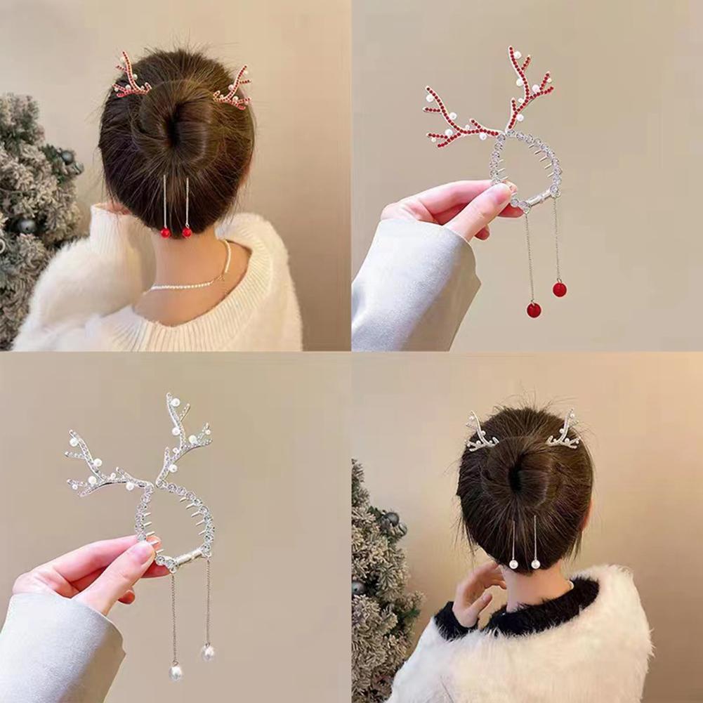 Xmas Reindeer Antlers Hair Clip Ponytail Bun Holder With Tassel Cute Pearl Sweet Elegant Reindeer Design Women Hair Styling Tool