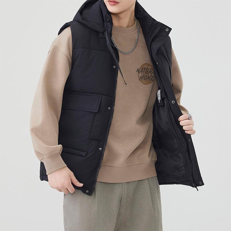 Men's Zipper Button Sleeveless Solid Color Cardigan Hooded Fashion Casual Loose Jacket Top