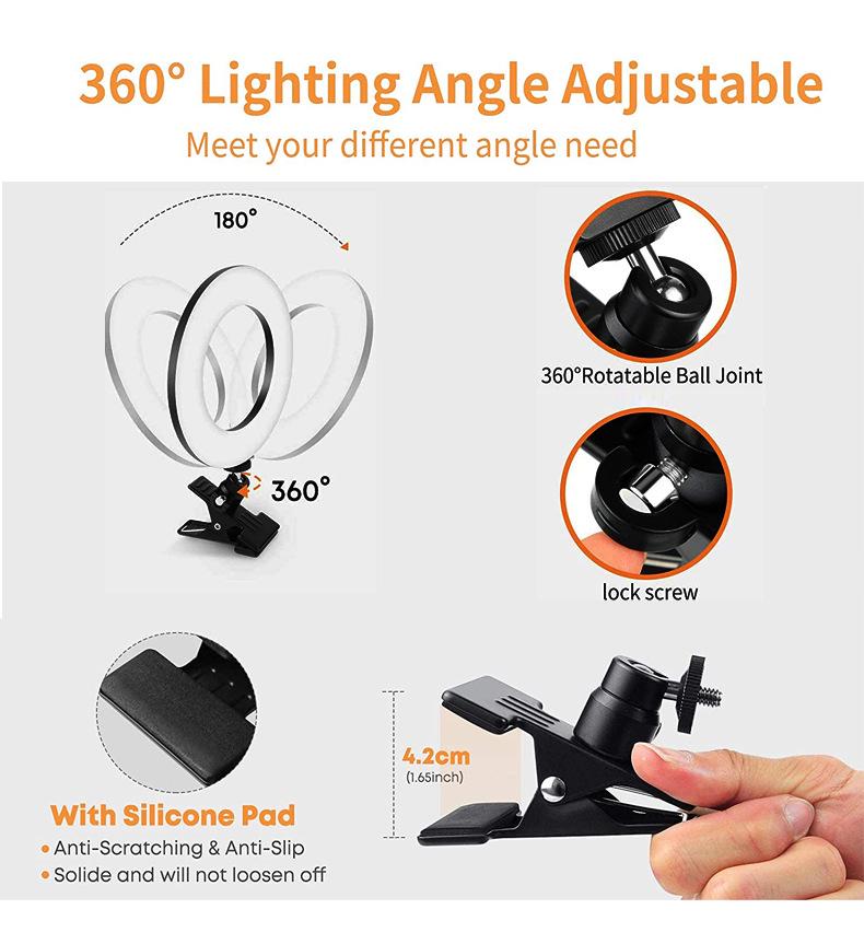 4" Aluminum Shell 5-Color Temperature Clip-On Beauty Ring Light for Video Conferencing and Live Broadcasts