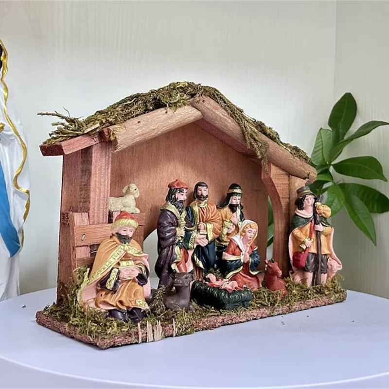 Permanent Religious Birth Manger Display With Oaken Stable And Rosin Figures