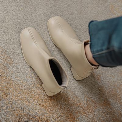 Soft Leather Thick Heel Short Boots Rear Zipper Simple Versatile Waterproof Shoes Feet Short Boots Small High Heel Martin Boots Women