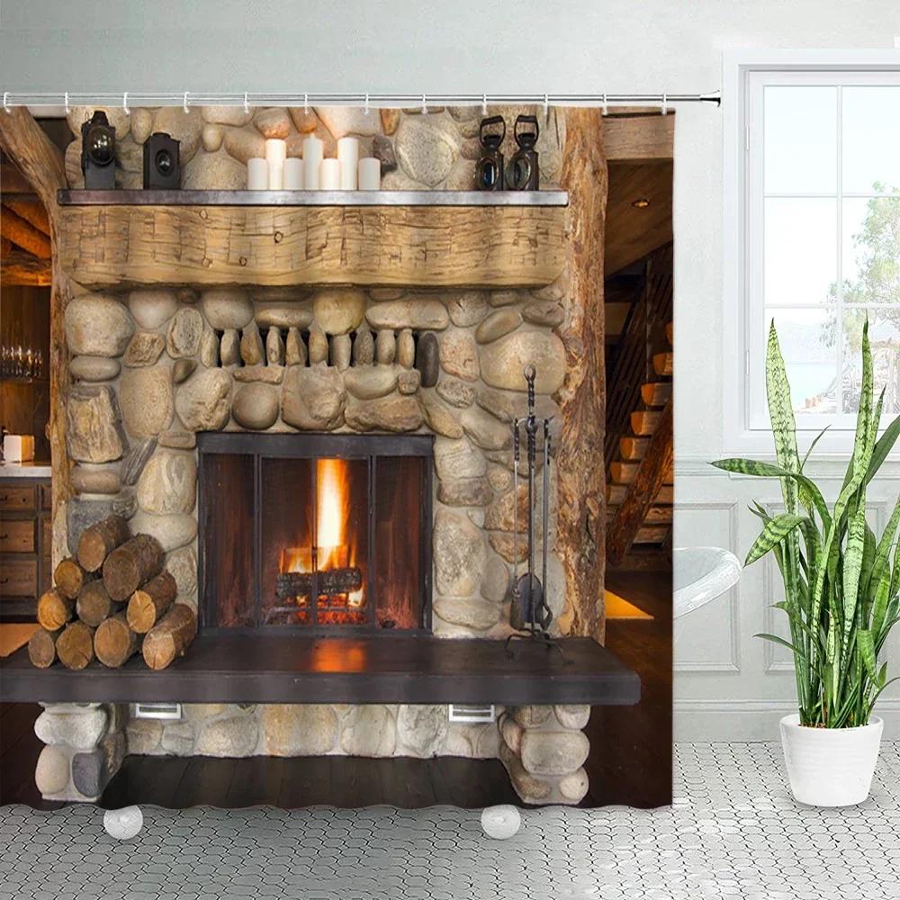 

Ретро Камин Рождественские Шторы для душа Декор 3D Зеленая Рождественская елка Подарок Праздник Дом Тканевая Занавеска для ванны с крючками Ванная комната 200X140CM-78.74X55.1